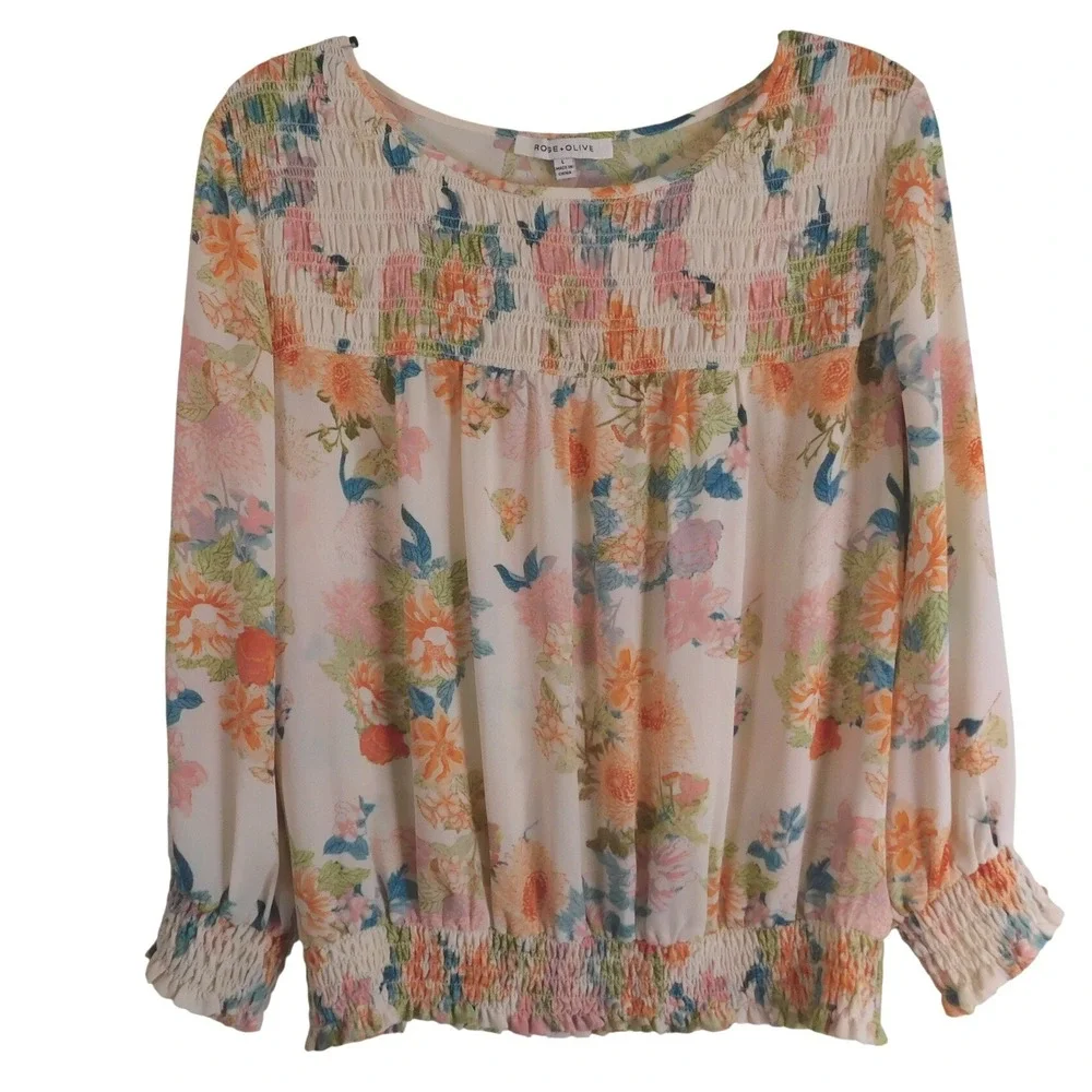 Rose + Olive Floral Smocked Blouse Cream Orange Pink Blue Long Sleeve Large - Picture 1 of 10